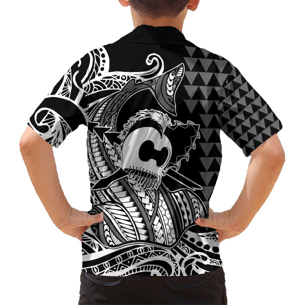 Koa Ikaika Warrior Helmet with Shark Kid Hawaiian Shirt Black Kakau Style
