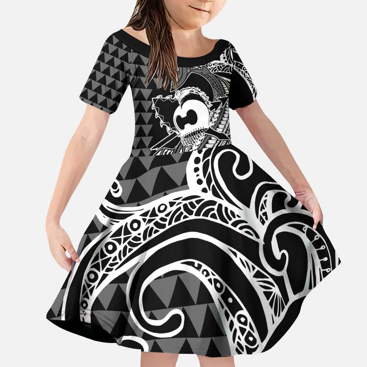 Koa Ikaika Warrior Helmet with Shark Kid Short Sleeve Dress Black Kakau Style