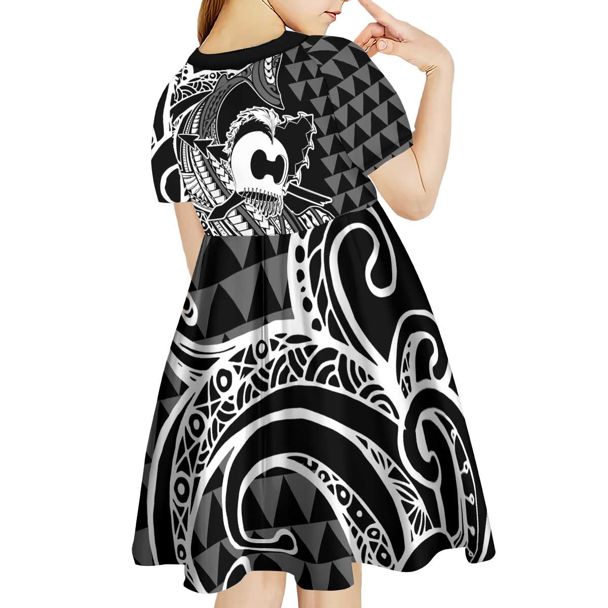 Koa Ikaika Warrior Helmet with Shark Kid Short Sleeve Dress Black Kakau Style