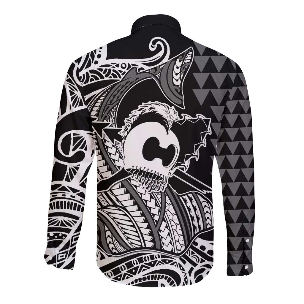 Koa Ikaika Warrior Helmet with Shark Long Sleeve Button Shirt Black Kakau Style