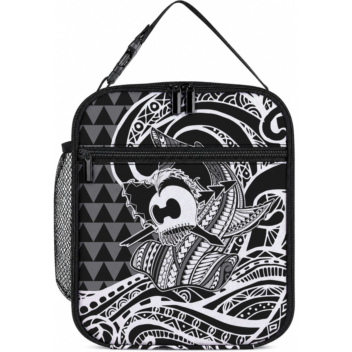 Koa Ikaika Warrior Helmet with Shark Lunch Bag Black Kakau Style LT9 10.2 × 8.3 × 4.3 inch Black - Polynesian Pride