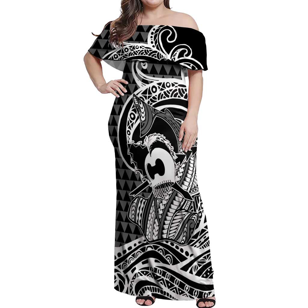 Koa Ikaika Warrior Helmet with Shark Off Shoulder Maxi Dress Black Kakau Style