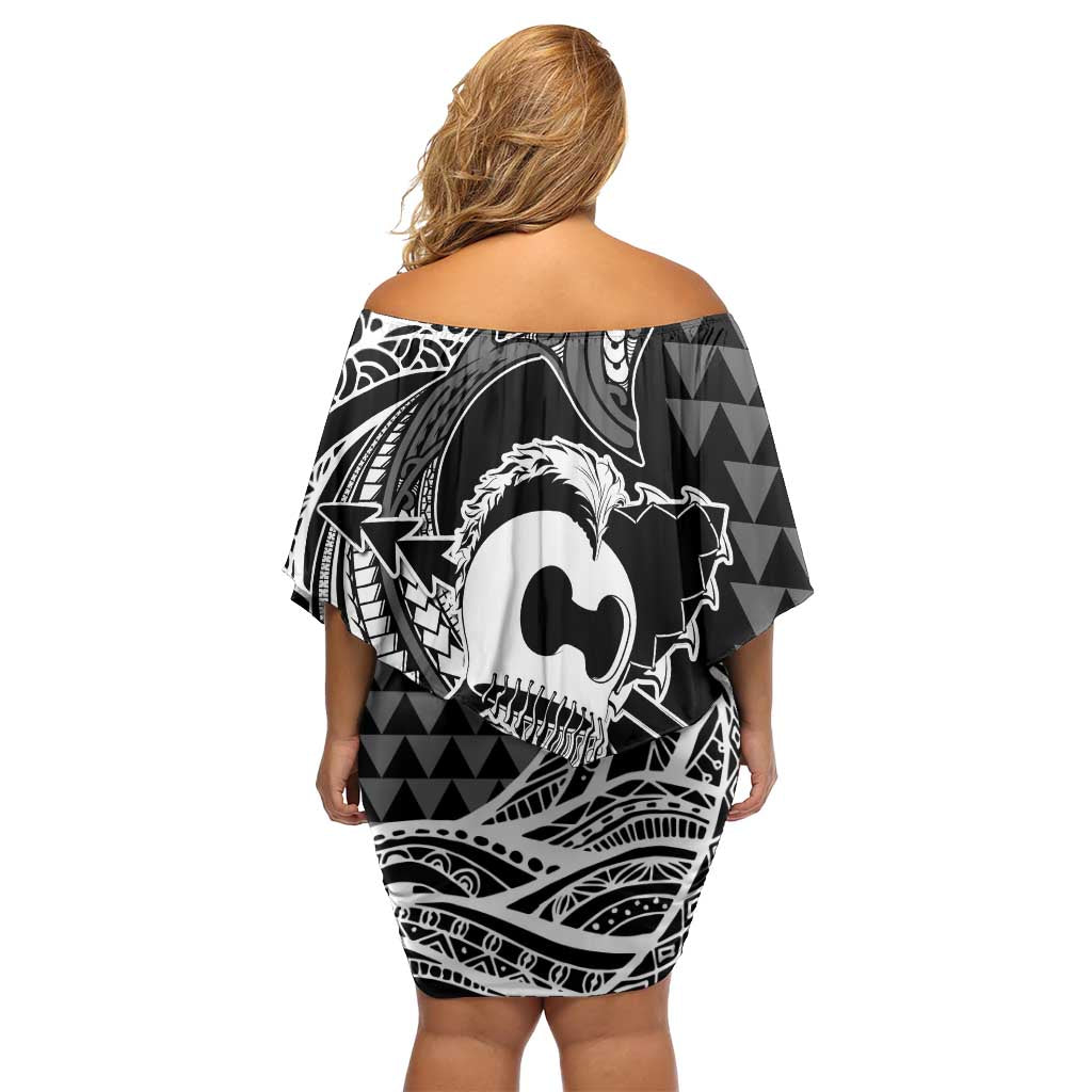 Koa Ikaika Warrior Helmet with Shark Off Shoulder Short Dress Black Kakau Style