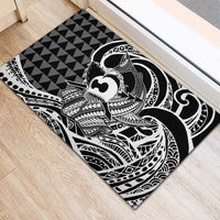 Koa Ikaika Warrior Helmet with Shark Rubber Doormat Black Kakau Style
