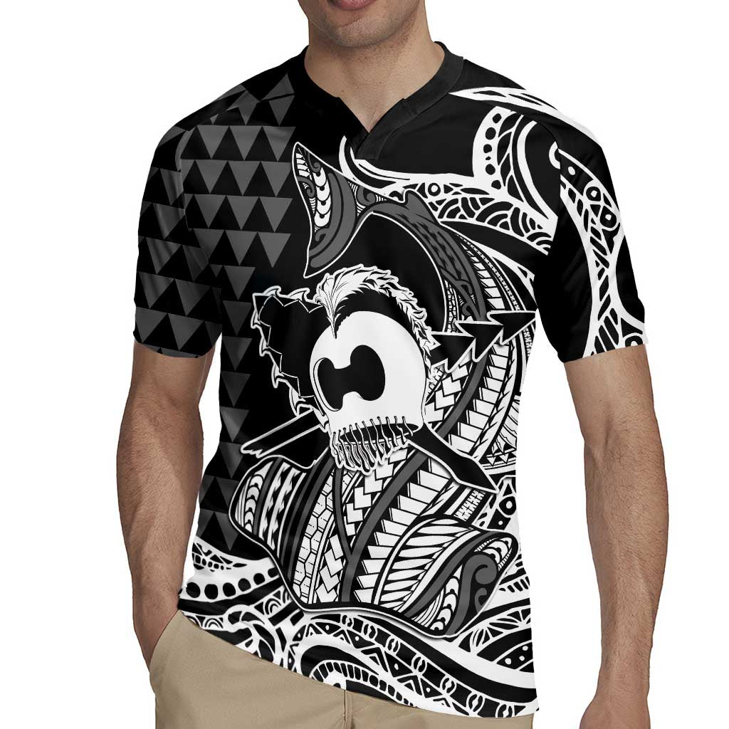 Koa Ikaika Warrior Helmet with Shark Rugby Jersey Black Kakau Style