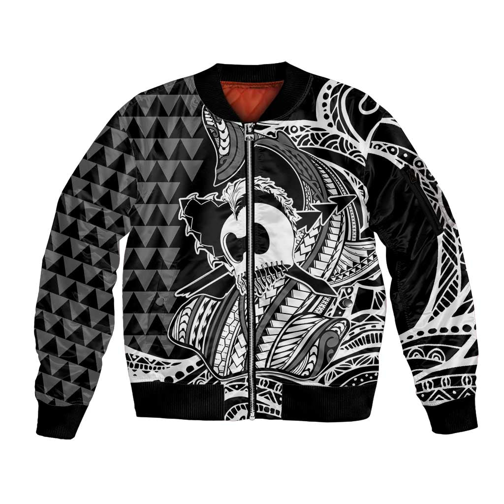 Koa Ikaika Warrior Helmet with Shark Sleeve Zip Bomber Jacket Black Kakau Style LT9 Unisex Black - Polynesian Pride