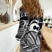 Koa Ikaika Warrior Helmet with Shark Women Casual Shirt Black Kakau Style LT9 - Polynesian Pride