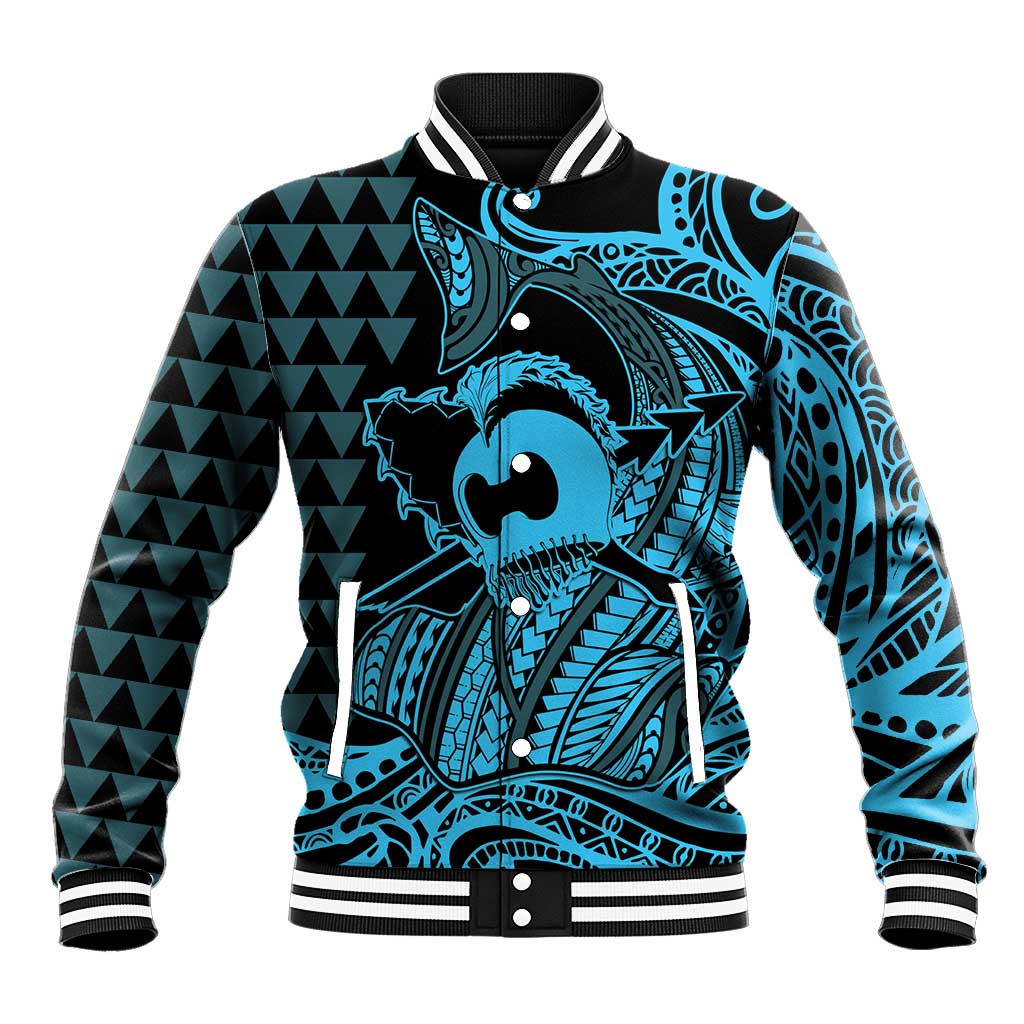 Koa Ikaika Warrior Helmet with Shark Baseball Jacket Blue Kakau Style