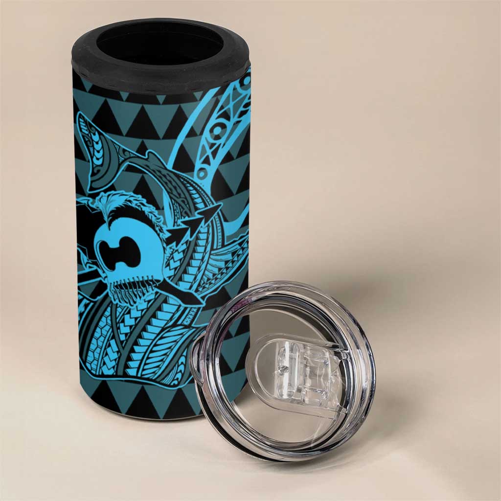 Koa Ikaika Warrior Helmet with Shark 4 in 1 Can Cooler Tumbler Blue Kakau Style