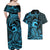 Koa Ikaika Warrior Helmet with Shark Couples Matching Off Shoulder Maxi Dress and Hawaiian Shirt Blue Kakau Style