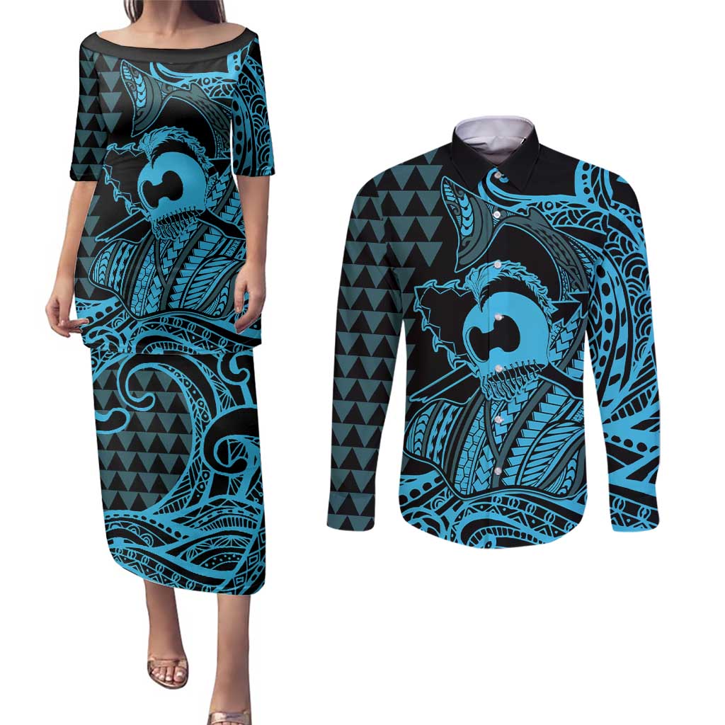 Koa Ikaika Warrior Helmet with Shark Couples Matching Puletasi and Long Sleeve Button Shirt Blue Kakau Style