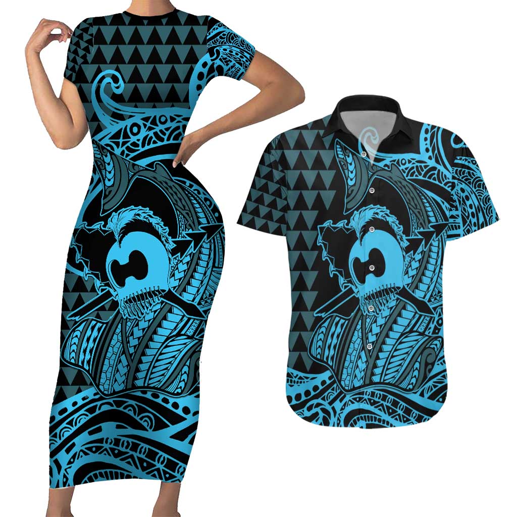 Koa Ikaika Warrior Helmet with Shark Couples Matching Short Sleeve Bodycon Dress and Hawaiian Shirt Blue Kakau Style