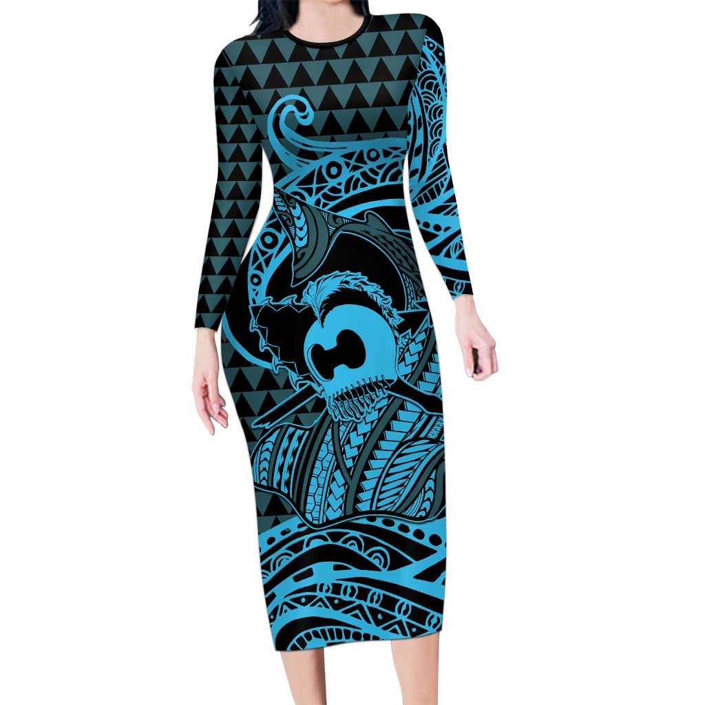 Koa Ikaika Warrior Helmet with Shark Family Matching Long Sleeve Bodycon Dress and Hawaiian Shirt Blue Kakau Style