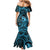 Koa Ikaika Warrior Helmet with Shark Family Matching Mermaid Dress and Hawaiian Shirt Blue Kakau Style