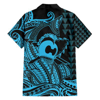 Koa Ikaika Warrior Helmet with Shark Family Matching Off Shoulder Short Dress and Hawaiian Shirt Blue Kakau Style