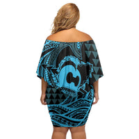 Koa Ikaika Warrior Helmet with Shark Family Matching Off Shoulder Short Dress and Hawaiian Shirt Blue Kakau Style