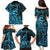 Koa Ikaika Warrior Helmet with Shark Family Matching Puletasi and Hawaiian Shirt Blue Kakau Style