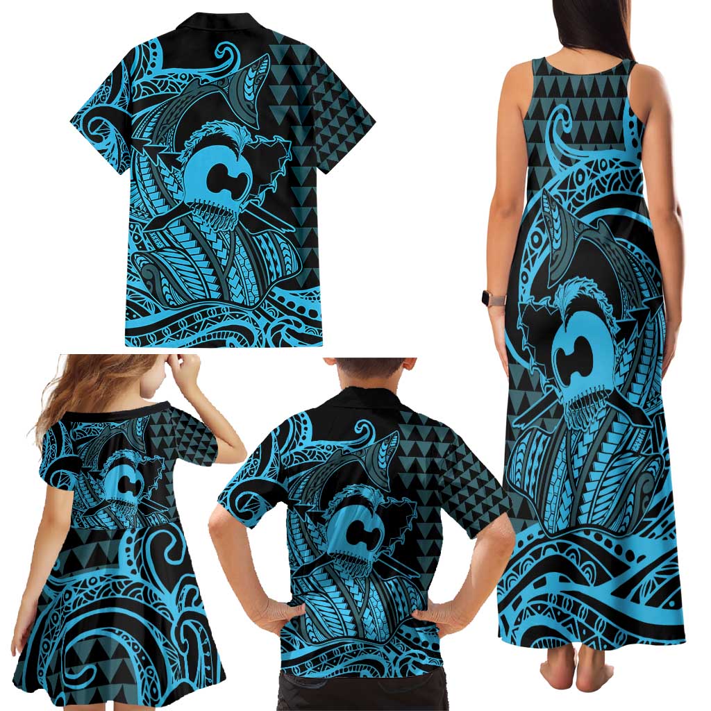 Koa Ikaika Warrior Helmet with Shark Family Matching Tank Maxi Dress and Hawaiian Shirt Blue Kakau Style