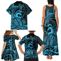 Koa Ikaika Warrior Helmet with Shark Family Matching Tank Maxi Dress and Hawaiian Shirt Blue Kakau Style