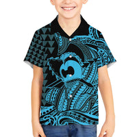 Koa Ikaika Warrior Helmet with Shark Family Matching Tank Maxi Dress and Hawaiian Shirt Blue Kakau Style