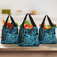 Koa Ikaika Warrior Helmet with Shark Grocery Bag Blue Kakau Style