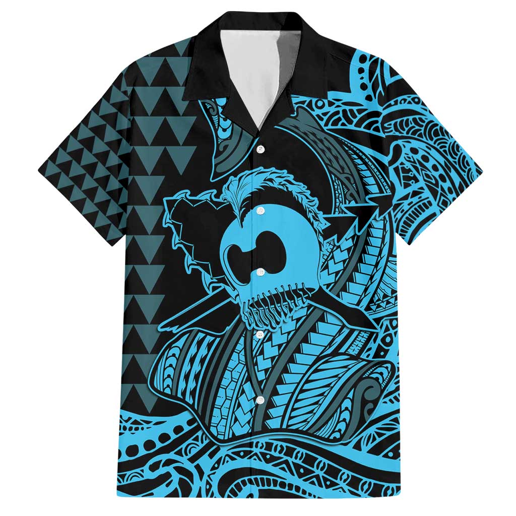 Koa Ikaika Warrior Helmet with Shark Hawaiian Shirt Blue Kakau Style