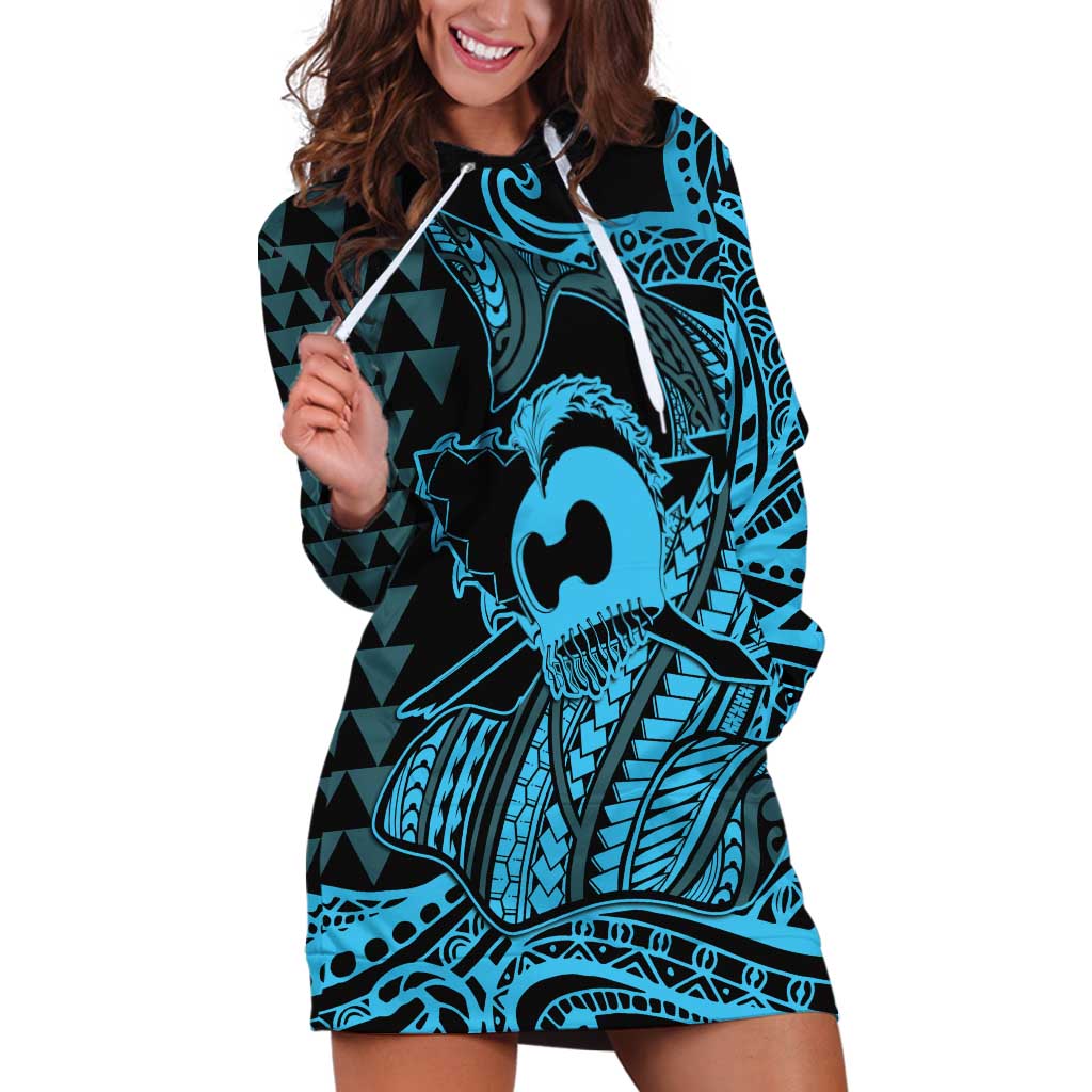 Koa Ikaika Warrior Helmet with Shark Hoodie Dress Blue Kakau Style