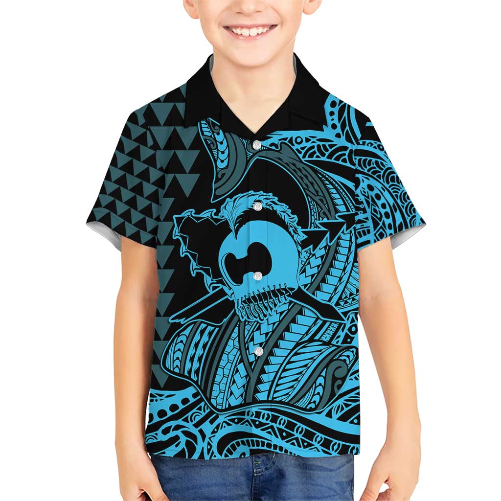 Koa Ikaika Warrior Helmet with Shark Kid Hawaiian Shirt Blue Kakau Style