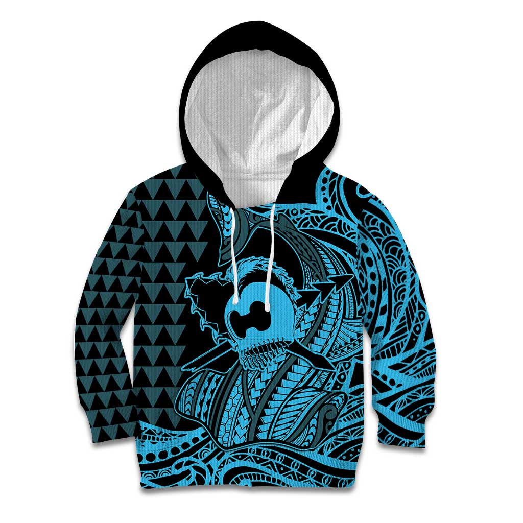 Koa Ikaika Warrior Helmet with Shark Kid Hoodie Blue Kakau Style
