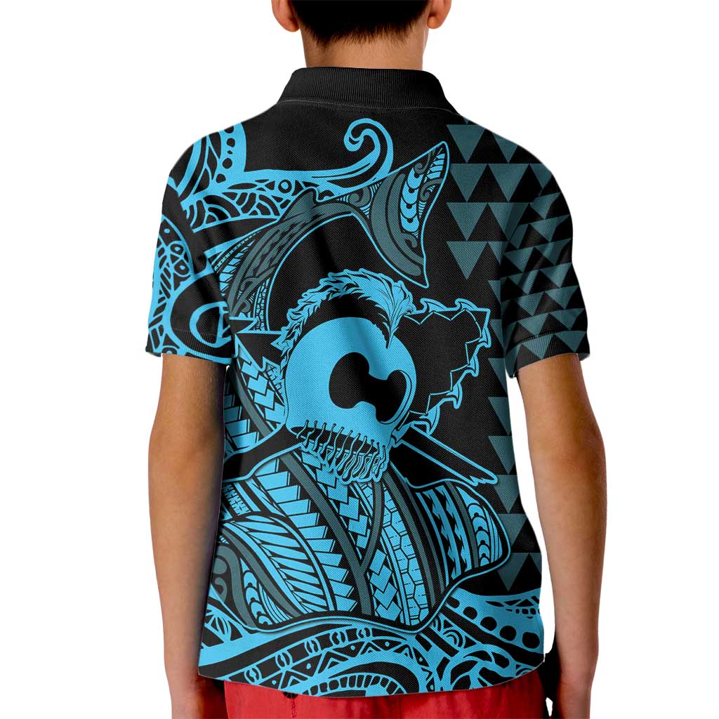 Koa Ikaika Warrior Helmet with Shark Kid Polo Shirt Blue Kakau Style