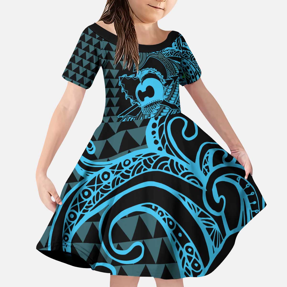 Koa Ikaika Warrior Helmet with Shark Kid Short Sleeve Dress Blue Kakau Style