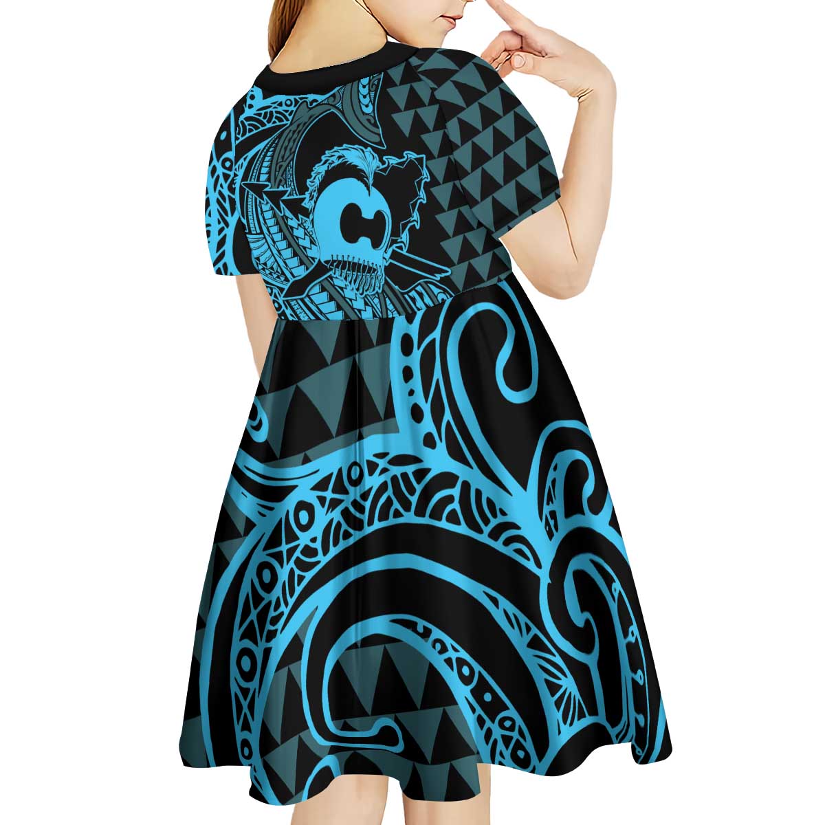 Koa Ikaika Warrior Helmet with Shark Kid Short Sleeve Dress Blue Kakau Style