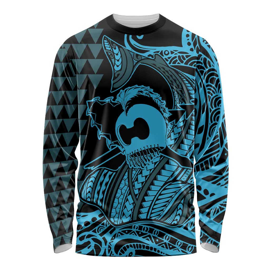 Koa Ikaika Warrior Helmet with Shark Long Sleeve Shirt Blue Kakau Style