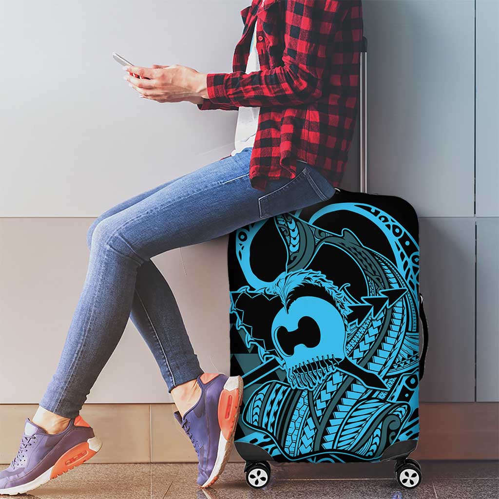 Koa Ikaika Warrior Helmet with Shark Luggage Cover Blue Kakau Style