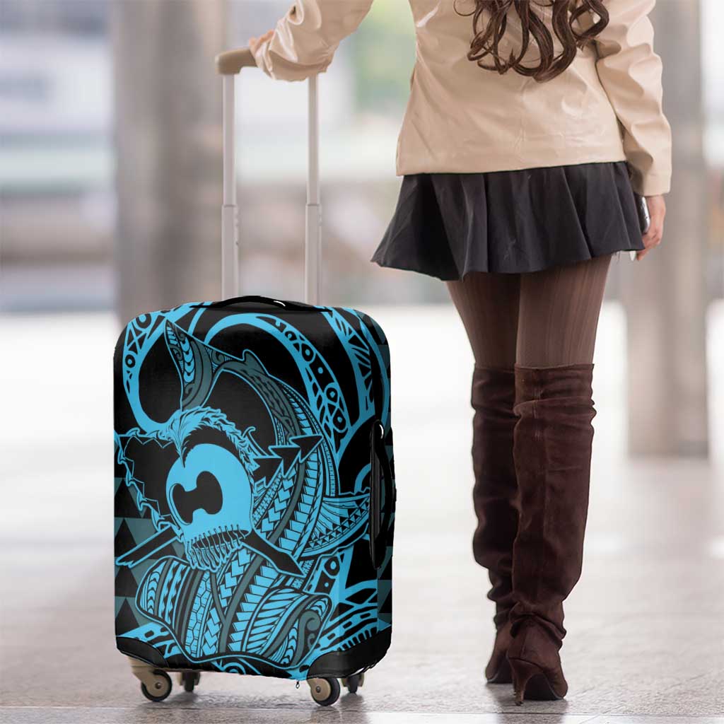Koa Ikaika Warrior Helmet with Shark Luggage Cover Blue Kakau Style