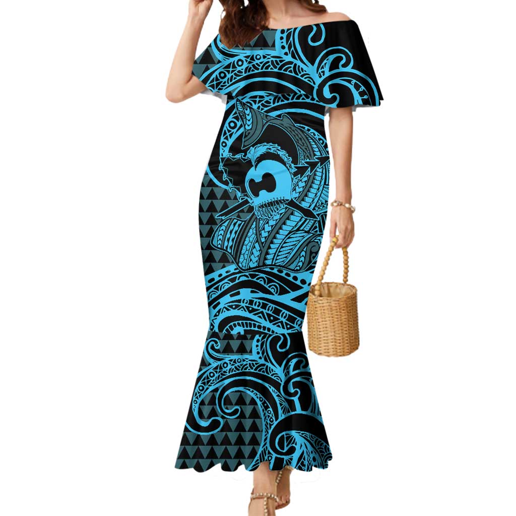 Koa Ikaika Warrior Helmet with Shark Mermaid Dress Blue Kakau Style LT9 Women Blue - Polynesian Pride