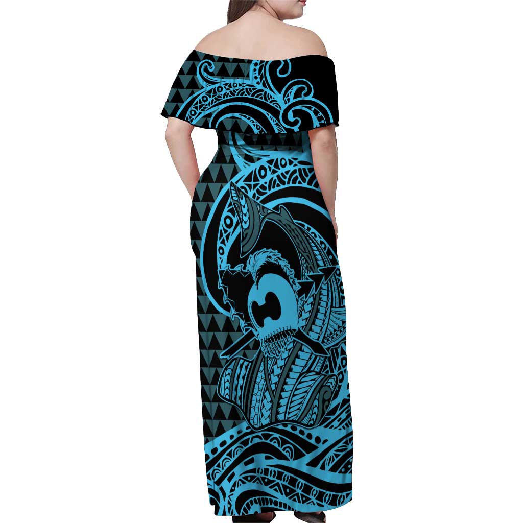 Koa Ikaika Warrior Helmet with Shark Off Shoulder Maxi Dress Blue Kakau Style