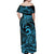 Koa Ikaika Warrior Helmet with Shark Off Shoulder Maxi Dress Blue Kakau Style