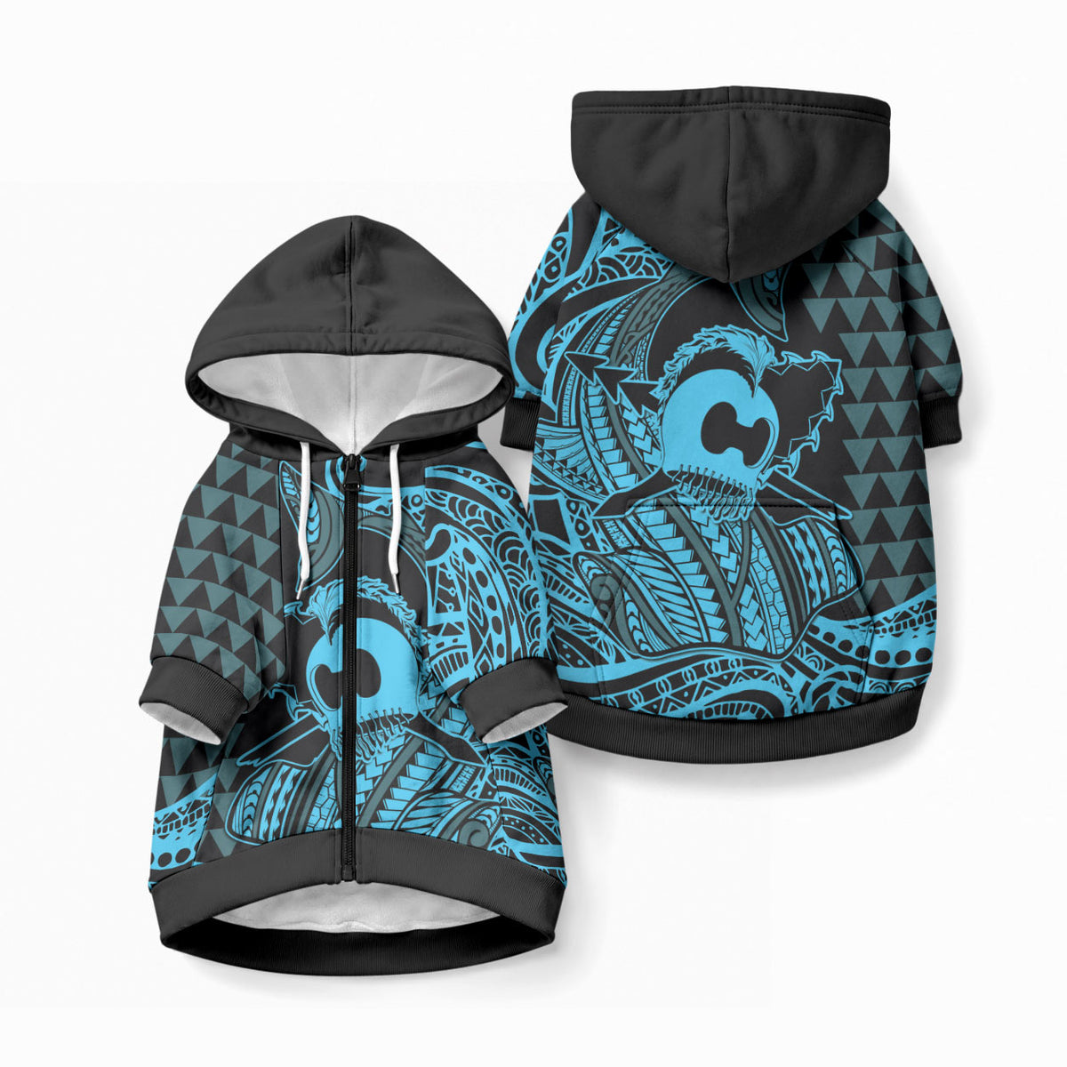 Koa Ikaika Warrior Helmet with Shark Pet Hoodie Blue Kakau Style LT9 Zip-up Blue - Polynesian Pride