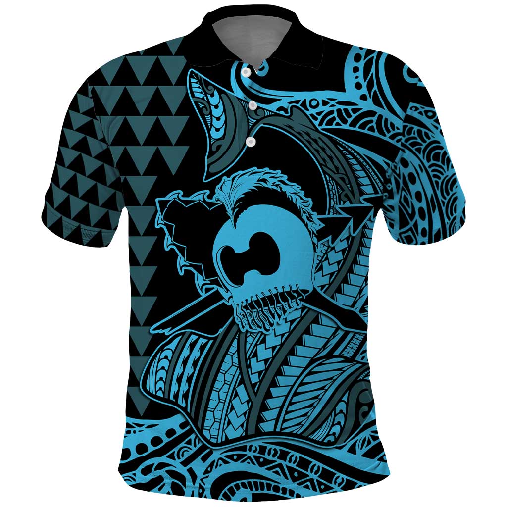 Koa Ikaika Warrior Helmet with Shark Polo Shirt Blue Kakau Style LT9 Blue - Polynesian Pride