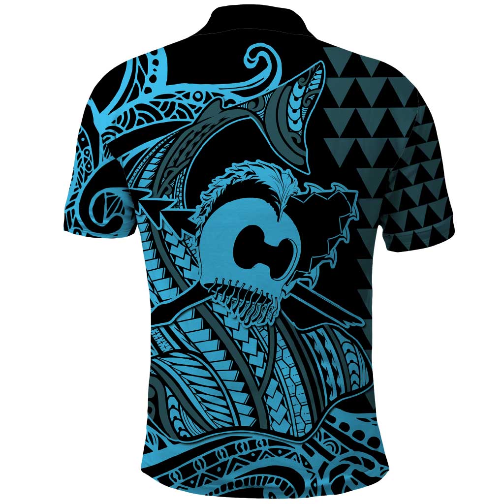 Koa Ikaika Warrior Helmet with Shark Polo Shirt Blue Kakau Style LT9 - Polynesian Pride
