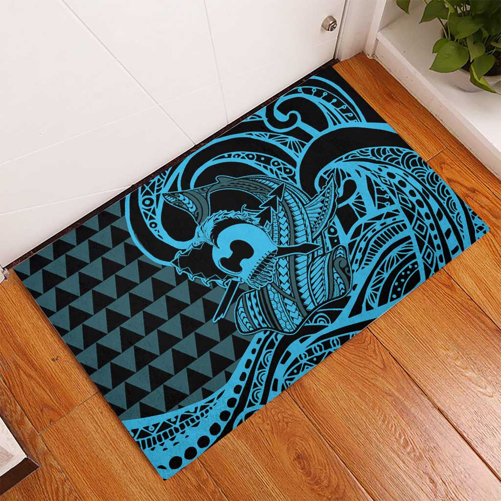 Koa Ikaika Warrior Helmet with Shark Rubber Doormat Blue Kakau Style
