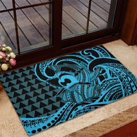 Koa Ikaika Warrior Helmet with Shark Rubber Doormat Blue Kakau Style