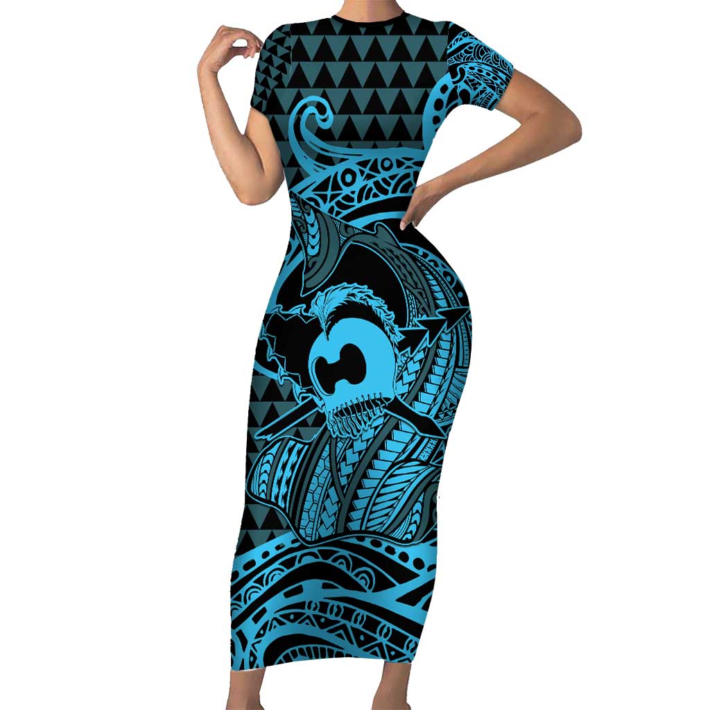 Koa Ikaika Warrior Helmet with Shark Short Sleeve Bodycon Dress Blue Kakau Style