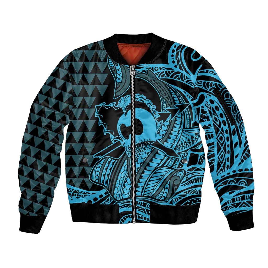 Koa Ikaika Warrior Helmet with Shark Sleeve Zip Bomber Jacket Blue Kakau Style