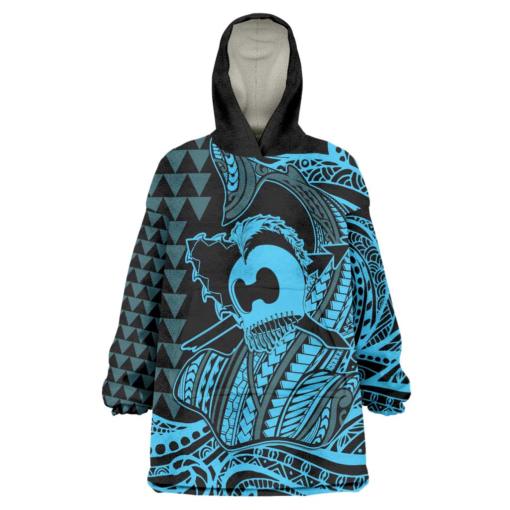 Koa Ikaika Warrior Helmet with Shark Wearable Blanket Hoodie Blue Kakau Style