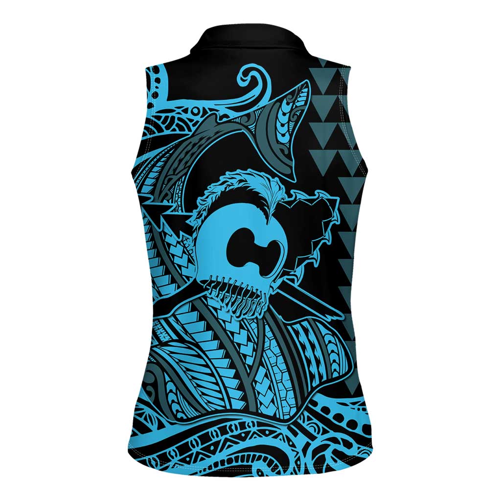 Koa Ikaika Warrior Helmet with Shark Women Sleeveless Polo Shirt Blue Kakau Style LT9 - Polynesian Pride
