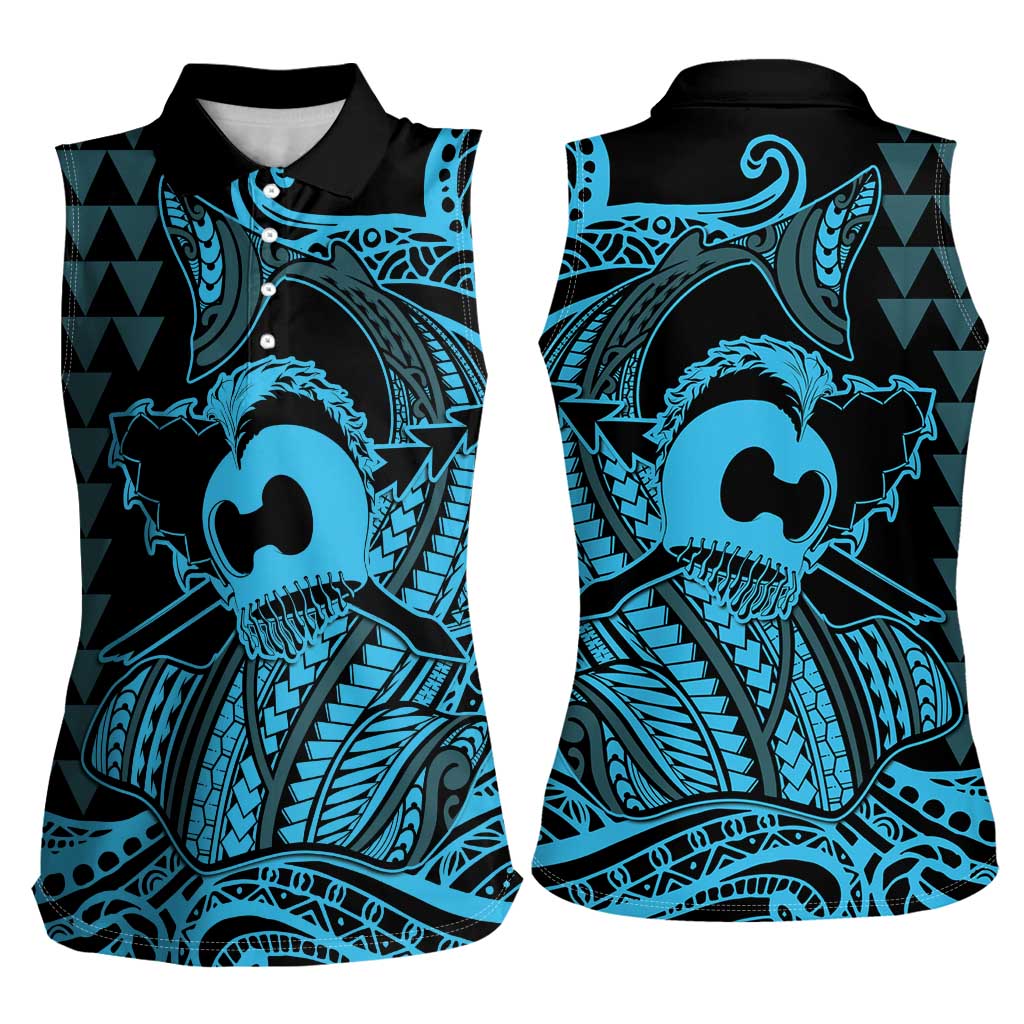 Koa Ikaika Warrior Helmet with Shark Women Sleeveless Polo Shirt Blue Kakau Style LT9 - Polynesian Pride