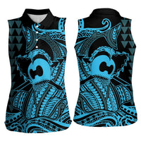 Koa Ikaika Warrior Helmet with Shark Women Sleeveless Polo Shirt Blue Kakau Style LT9 - Polynesian Pride