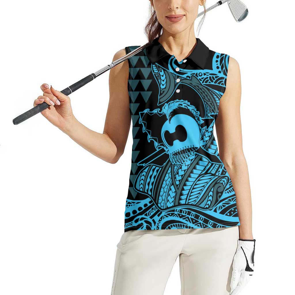 Koa Ikaika Warrior Helmet with Shark Women Sleeveless Polo Shirt Blue Kakau Style LT9 - Polynesian Pride